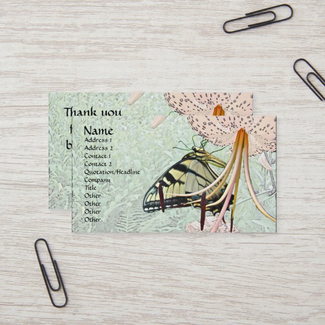 Tiger-Frack-Schmetterling auf Turks Höllenlilie Visitenkarte (Vorderseite/Rückseite Beispiel)