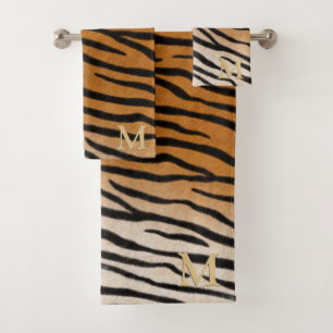 Tiger Fur Realistisches Tierpräparat Tan Monogram Badhandtuch Set