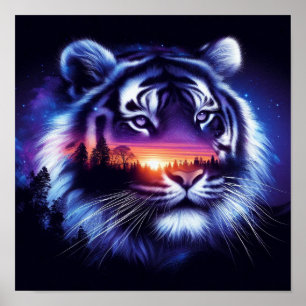 Tiger-Gesicht und landschaftliche Sonnenuntergangs Poster