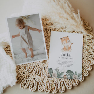 Tiger Greenery Bloral Foto Geburtstagsfeier Einlad Einladung