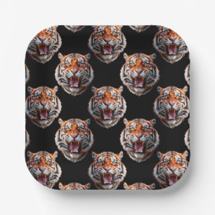 Tiger Head Pattern Design - Schwarz Pappteller