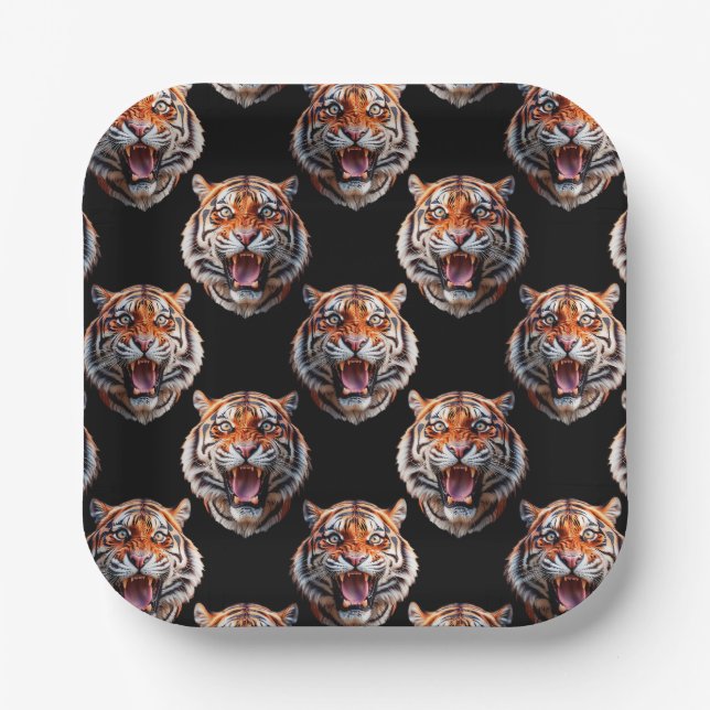 Tiger Head Pattern Design - Schwarz Pappteller (Vorderseite)