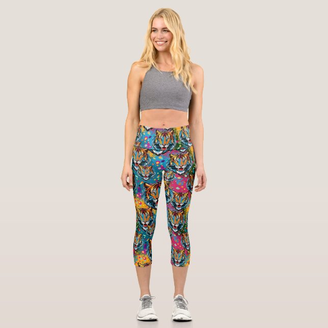 Tiger Head Rainbow colors paint stains Capri Leggings (Vorderseite)