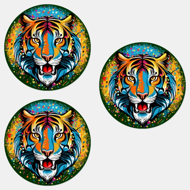 Tiger Head Regenbogen Farben Farbflecken Etiketten (Gruppe)