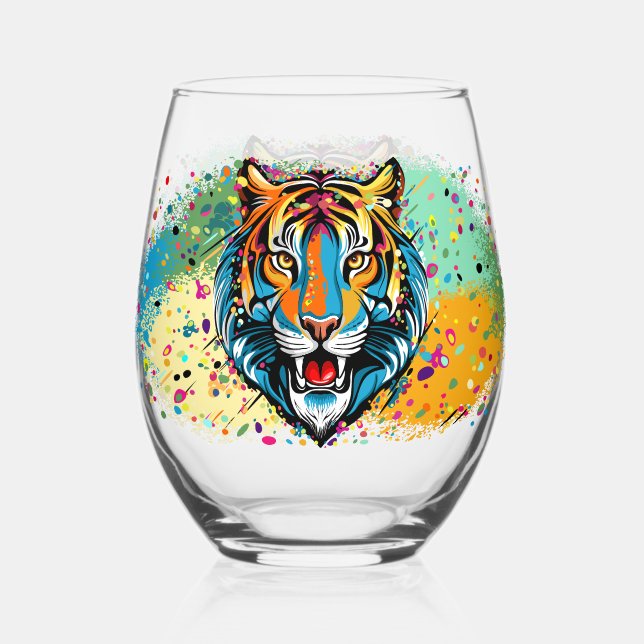 Tiger Head Regenbogen Farben Farbflecken Weinglas Ohne Stiel (Vorderseite)