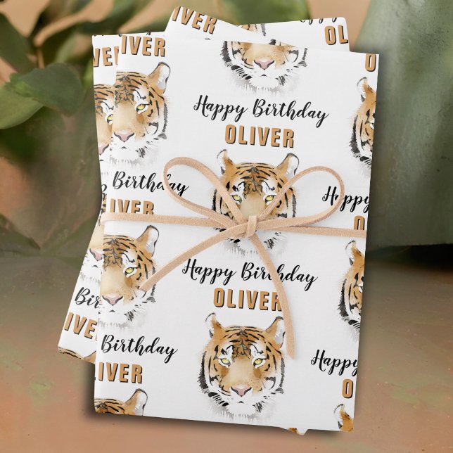 Tiger Head Watercolor Tier Happy Birthday Geschenkpapier Set (Von Creator hochgeladen)