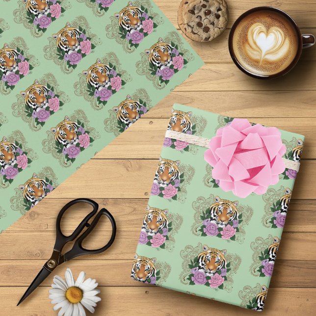 Tiger Henna Pink Purple Blumen Geschenkpapier (Von Creator hochgeladen)