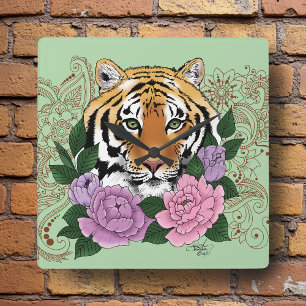Tiger Henna Pink Purple Blumen Quadratische Wanduhr