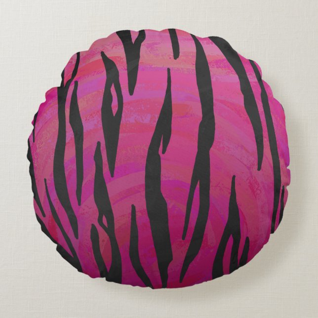 Tiger Hot Pink und Black Print Rundes Kissen (Vorderseite)
