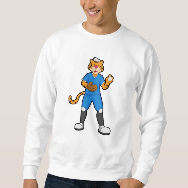 Tiger im Baseball mit Baseballhandschuh & Cap Sweatshirt (Vorderseite)