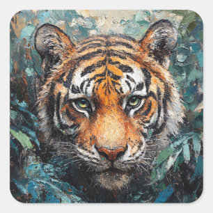 Tiger im Dschungel-Porträtgemälde Quadratischer Aufkleber