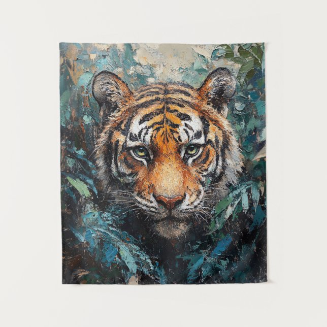 Tiger im Dschungel-Porträtgemälde Wandteppich (Vorderseite)