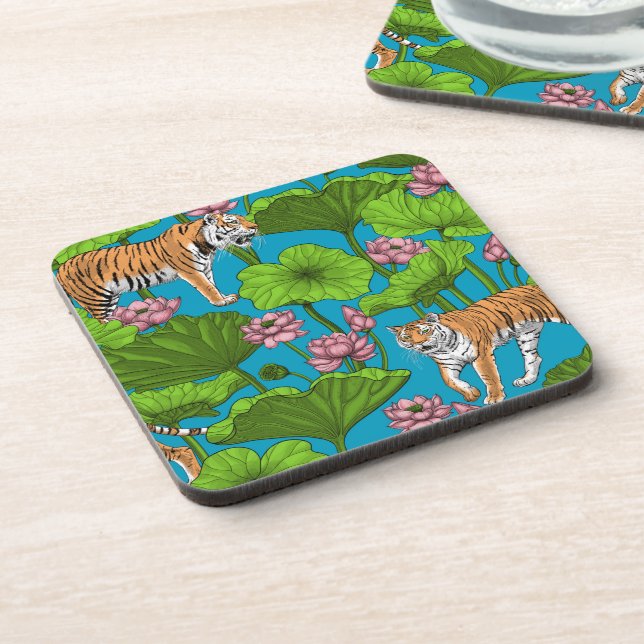 Tiger im rosa Lotusteich Getränkeuntersetzer (Linke Seite)