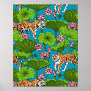 Tiger im rosa Lotusteich Poster