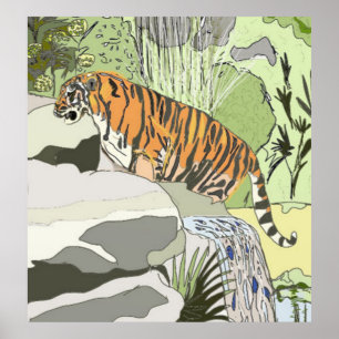 Tiger im Wasserfall Poster
