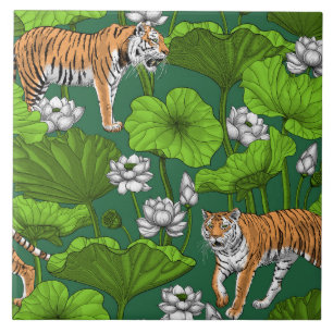 Tiger im weißen Lotusteich Fliese