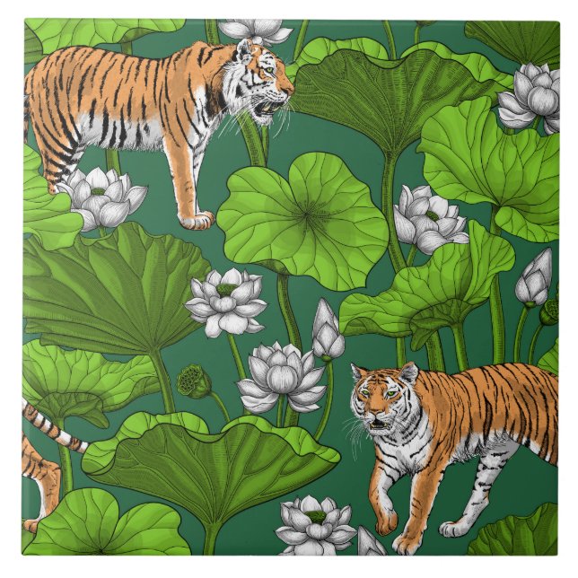 Tiger im weißen Lotusteich Fliese (Vorderseite)