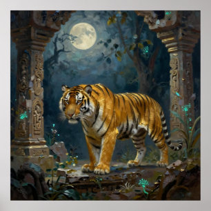 Tiger in alten Dünen unter dem Vollmond Poster