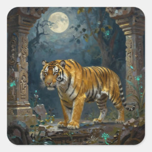 Tiger in alten Dünen unter dem Vollmond Quadratischer Aufkleber