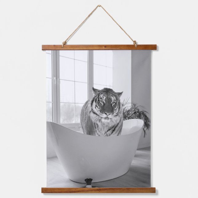 Tiger in Badewanne Badezimmer Kunst Spaß Tier Wandteppich Mit Holzrahmen (Vorderseite)
