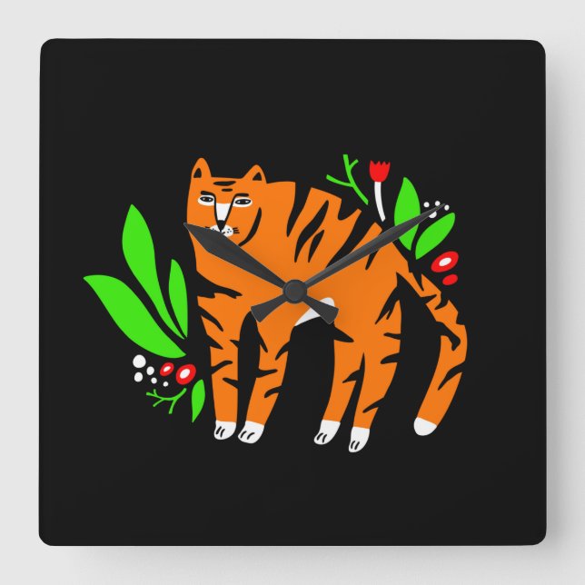 Tiger in Blume Quadratische Wanduhr (Vorderseite)