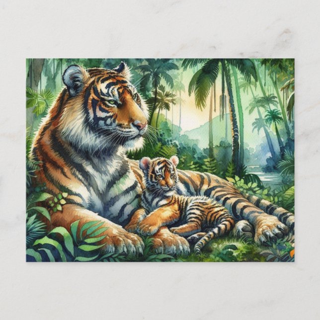 Tiger in einem üppigen Dschungel Wasserfarben Male Postkarte (Vorderseite)
