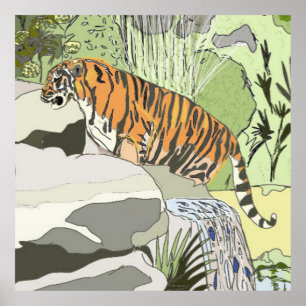 Tiger in einem Wasserfall Poster