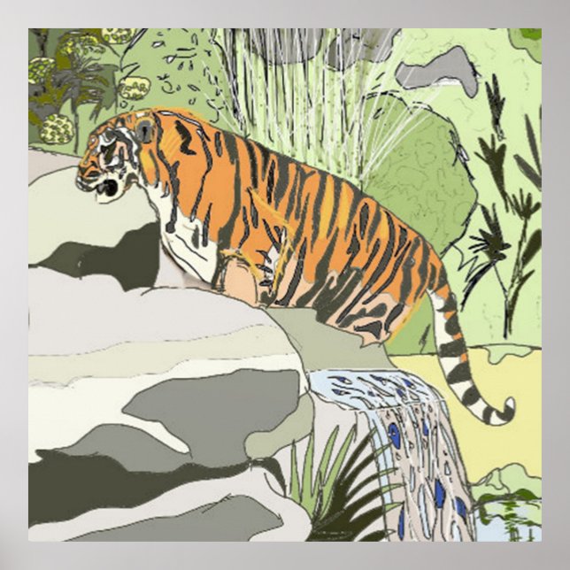 Tiger in einem Wasserfall Poster (Vorne)