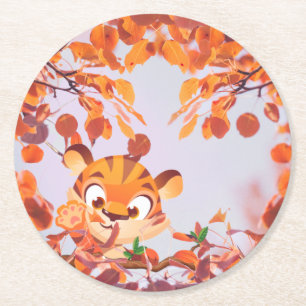 Tiger in fliegenden Blätter im Herbst auf Lavendel Runder Pappuntersetzer