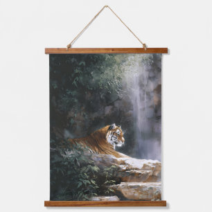 Tiger in nebliger Wasserfall-Dschungel-Wandkunst Wandteppich Mit Holzrahmen