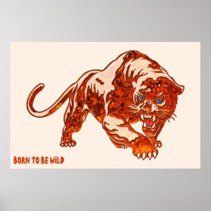 Tiger in Orangenflammen mit blauen Augen Poster