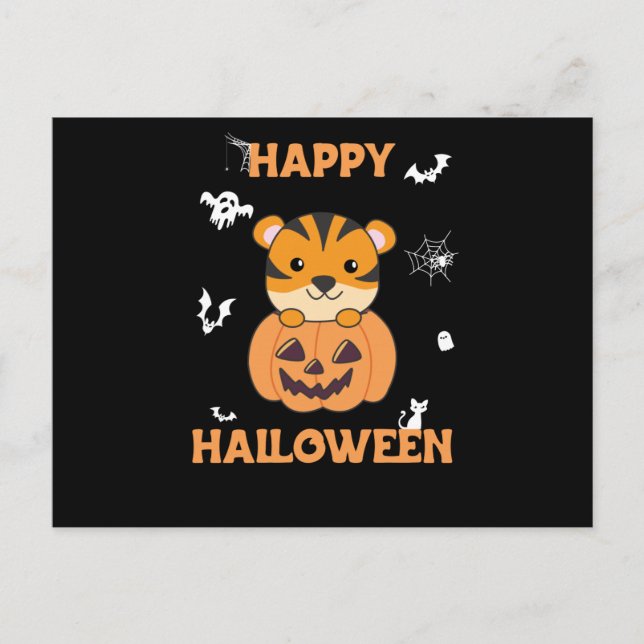 Tiger in Pumpkin Sweet Tiger Happy Halloween Postkarte (Vorderseite)