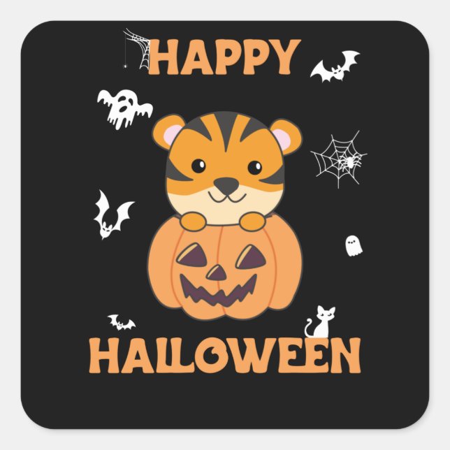 Tiger in Pumpkin Sweet Tiger Happy Halloween Quadratischer Aufkleber (Vorderseite)