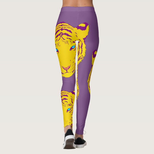 Tiger-Kopf-Druck auf gelben lila Leggings (Rückseite)