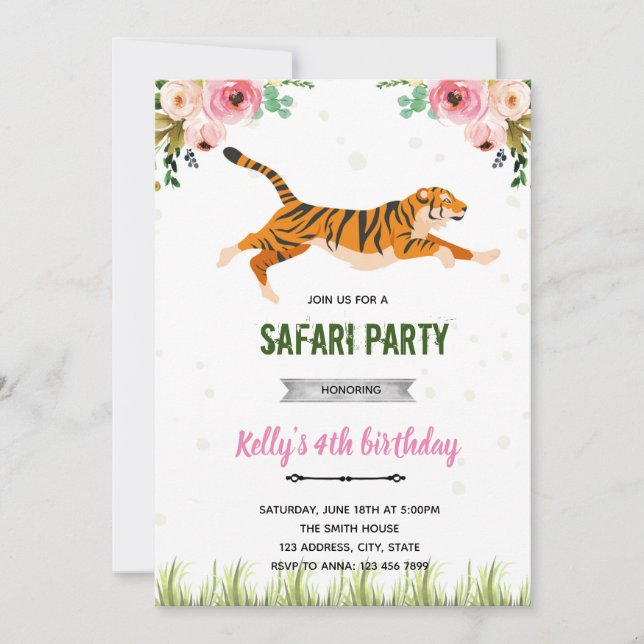 Tiger-Mädchen-Geburtstag Einladung (Vorderseite)