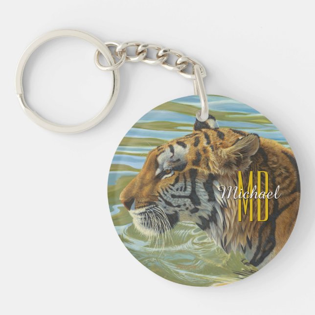 Tiger-Malerei, Monogramm und Skriptname personalis Schlüsselanhänger (Vorderseite)