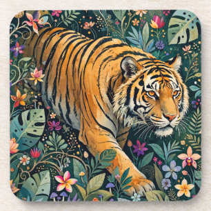 Tiger mit Bernstein-Augen Fantasy-Dschungelflora Getränkeuntersetzer