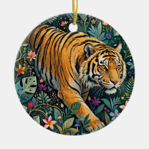 Tiger mit Bernstein-Augen Fantasy-Dschungelflora Keramik Ornament