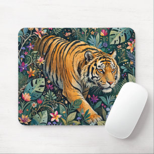 Tiger mit Bernstein-Augen Fantasy-Dschungelflora Mousepad