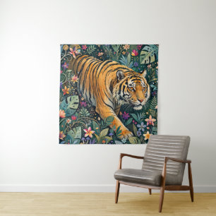 Tiger mit Bernstein-Augen Fantasy-Dschungelflora Wandteppich