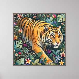 Tiger mit Bernstein-Augen Fantasy-Dschungelfoliage Leinwanddruck