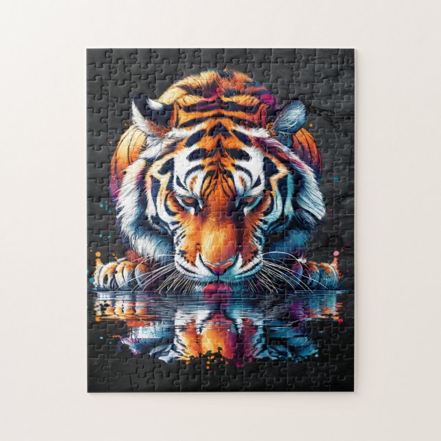 Tiger mit Blick auf Reflektion im Wasser Puzzle (Vertikal)