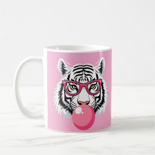 Tiger mit Brille und blühendem rosafarbenem Kaugum Kaffeetasse