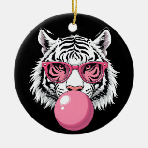 Tiger mit Brille und blühendem rosafarbenem Kaugum Keramik Ornament