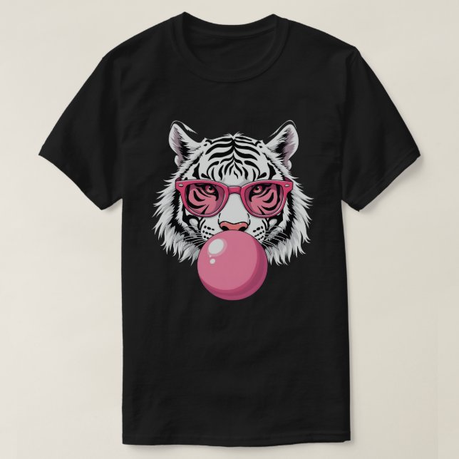 Tiger mit Brille und blühendem rosafarbenem Kaugum T-Shirt (Design vorne)