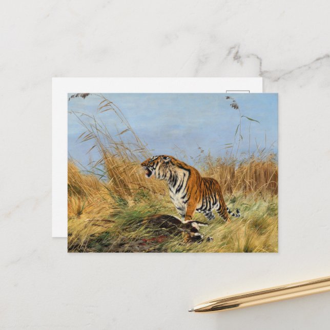Tiger mit ermordetem Waterbuck von Richard Friese Postkarte (Vorderseite/Rückseite Beispiel)