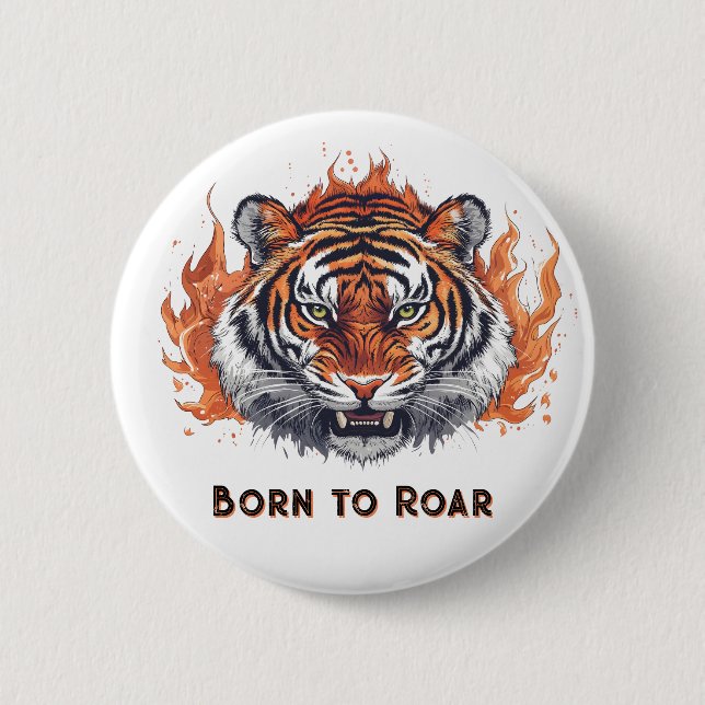 Tiger mit Flammen - Anpassbarer Text Button (Vorderseite)