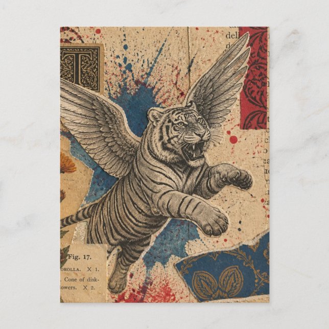 Tiger mit Flügeln Mixed-Media-Collage Postkarte (Vorderseite)
