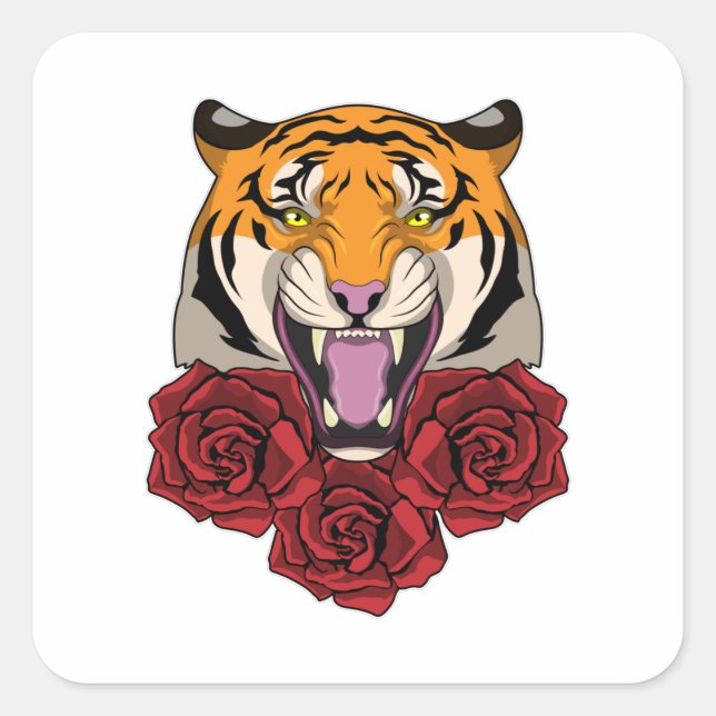Tiger mit Rose Quadratischer Aufkleber (Vorderseite)