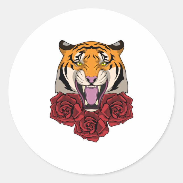 Tiger mit Rose Runder Aufkleber (Vorderseite)